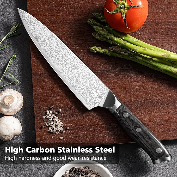 8 Inch Chef Knife, Kitchen Knife with Sharpener and Finger Guard, Professional Steel Sharp Chef's Knife Set with Ergonomic Handle, Gifts for Christmas, Black