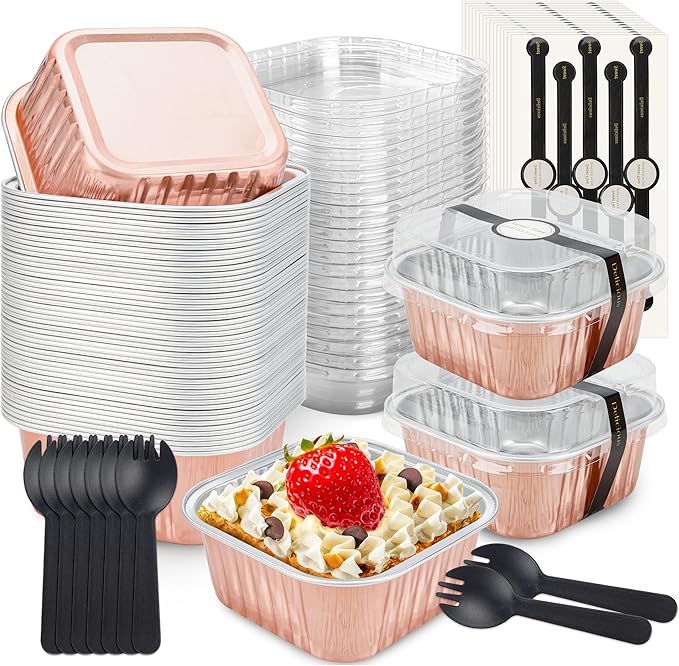 50 Pack Mini Cake Pans with Lids and Spoons Aluminum Foil Pans Square Cake Tins for Bakery Party Wedding (Champagne Color,5 oz)