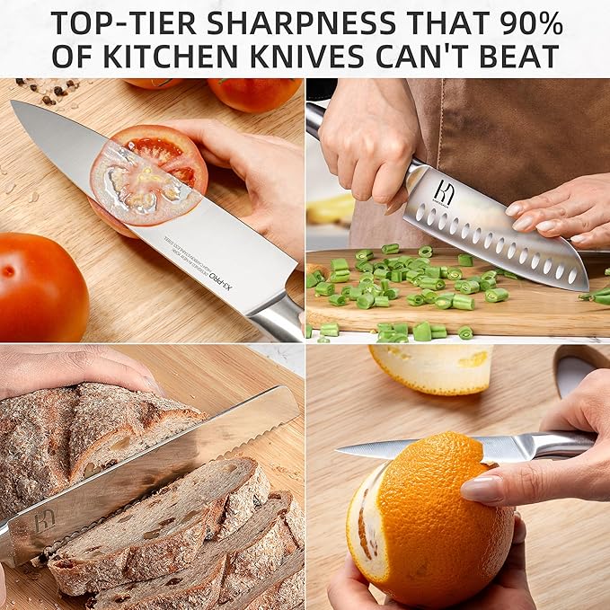 Knife Set, Premium Knife Block Set for Kitchen 14 Pcs UltraSharp Japanese High Carbon Stainless Steel with Block and Built-in Sharpener, Kitchen Knives Set with Non-serrated Steak Knives