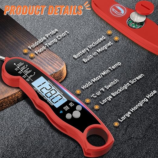 Instant Read Meat Thermometer for Grill and Cooking, Fast & Precise Digital Food Thermometer with Backlight, Magnet, Calibration, and Foldable Probe for Kitchen, Outdoor Grilling and BBQ!…