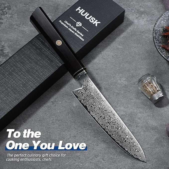Huusk Damascus Utility Knife Japanese - 5.5 inch Handcrafted VG10 Paring Knife, Small Chef Knives with Ergonomic Wooden Handle, Versatile Kitchen Knives for Vegetable Fruit Meat, Birthday Dad Mom Gift