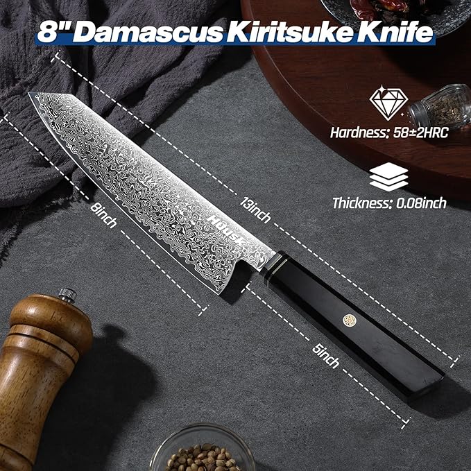 Huusk Damascus Kiritsuke Knife 8 inch - Japanese Knives with Wooden Handle, Hand Forged Chef Knives for Home Use, Razor Sharp Cooking Knife, Birthday Gift for Men