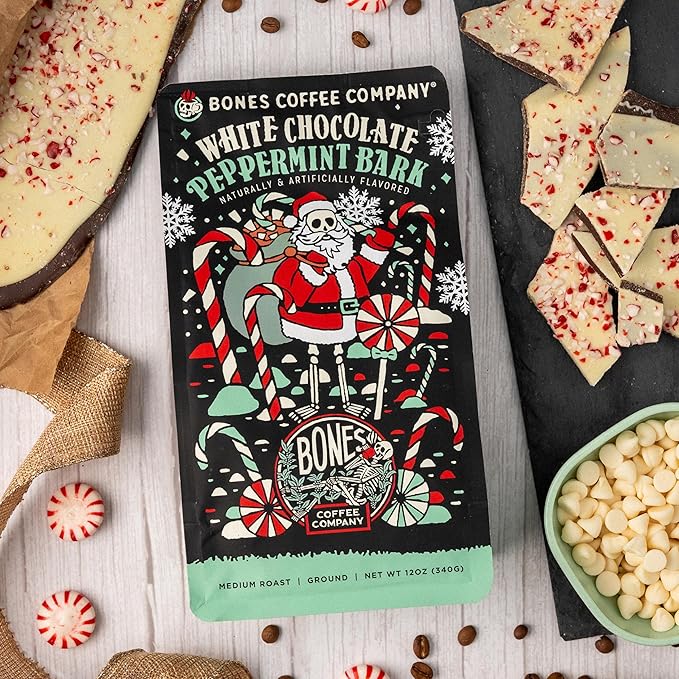 Bones Coffee Company White Chocolate Peppermint Bark Flavored Coffee, Medium Roast Low Acid Arabica Beans Compatible with Auto drip and French Press Coffee Maker, 12 Oz Ground