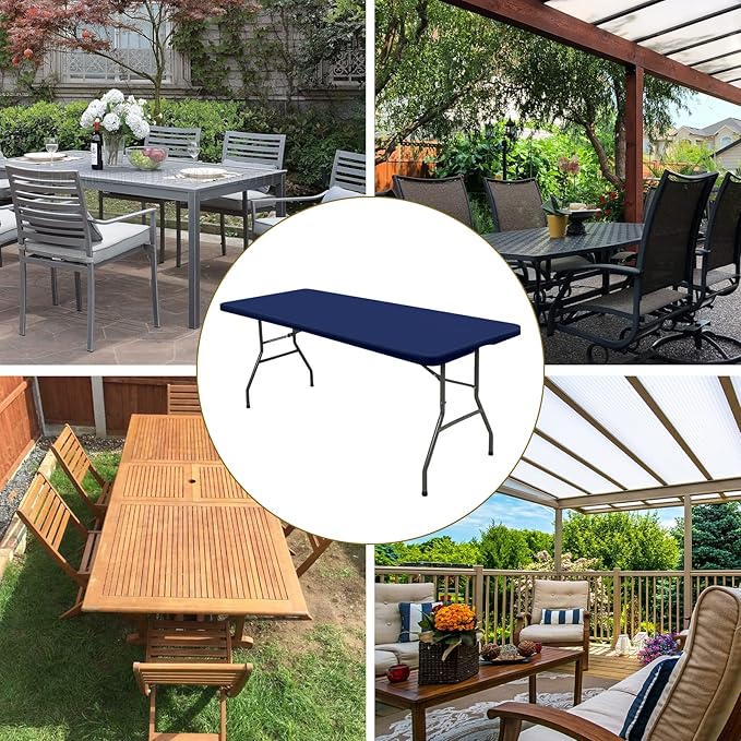 6 Pack Stretch Fabric Table Top Cap Cover, fits 8' Tables, Spandex Table Covers Washable Elastic Rectangle Tablecloth Protector for Indoor Outdoor Party Picnic Wedding, Navy Blue, 30" W x 96" L