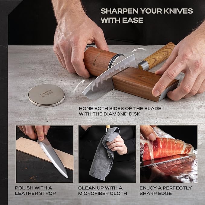 Stonka Walnut Rolling Knife Sharpener Kit – Dual-Grit Diamond Wheels Kit (400/1000), Easy to Use Knife Sharpener Roller with Magnetic Holder with 15° & 20°, Leather Strap