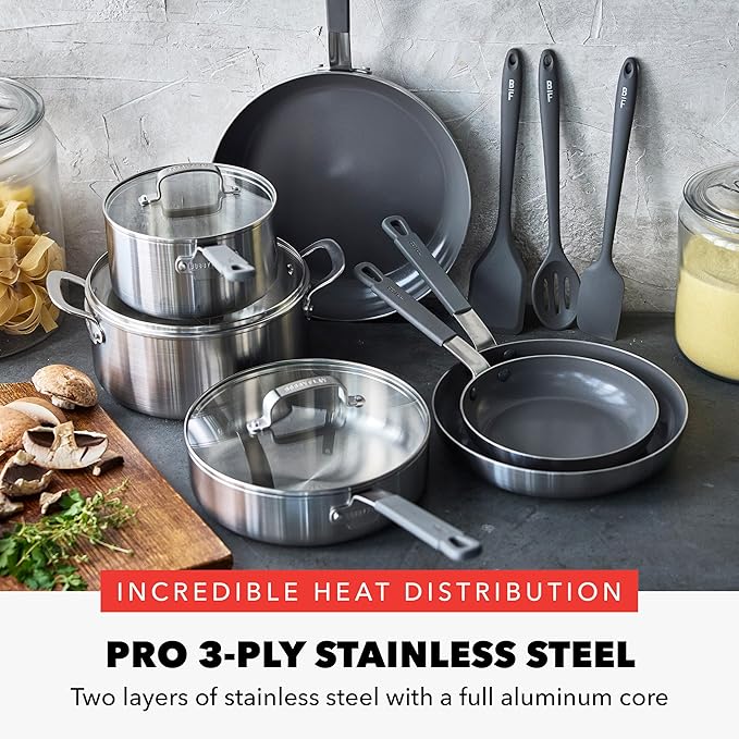 GreenPan x Bobby Flay Stainless Steel 12 Piece Cookware Pots & Pans Set, Professional Grade Tri-Ply, Multiclad, PFAS-Free Ceramic Nonstick, Induction Suitable, Dishwasher & Oven Safe,Stay Cool Handles