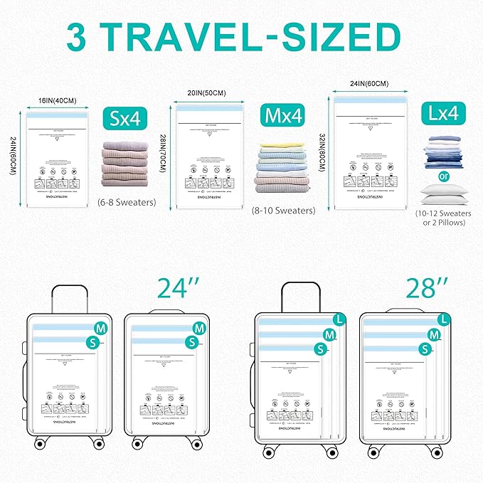 Vacuum Storage Bags with 3000Pa Wireless Pump for Travel, 12 Pack Vacuum Seal Bags for Clothing Travel, Compression Vacuum Bags for Clothes,Luggage,Blankets(4 Large, 4 Medium, 4 Small)