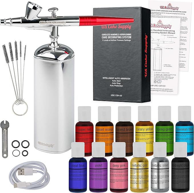 U.S. Cake Supply - Complete Cordless Handheld Airbrush Cake Decorating System, Professional Kit with a Full Selection of 12 Vivid Airbrush Food Colors - Decorate Cakes, Cupcakes, Cookies & Desserts