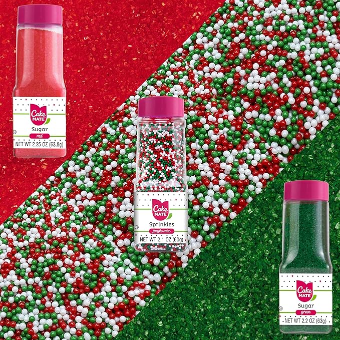 Cake Mate Christmas Decorating Kit – Red & Green Decorating Sugar (2.25 oz), White, Red & Green Cookie Icing Pouches (7 oz), Jingle Mix Non Pareil (2.1 oz) – Holiday Cookie, Cake, Cupcake & Dessert