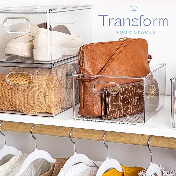 Plastic Food Storage Clear Container Bin with Handles for Organizing Kitchen, Pantry, Refrigerator, Freezer, Pantry, Cabinet, Closet, Bathroom 10”x8”x5”