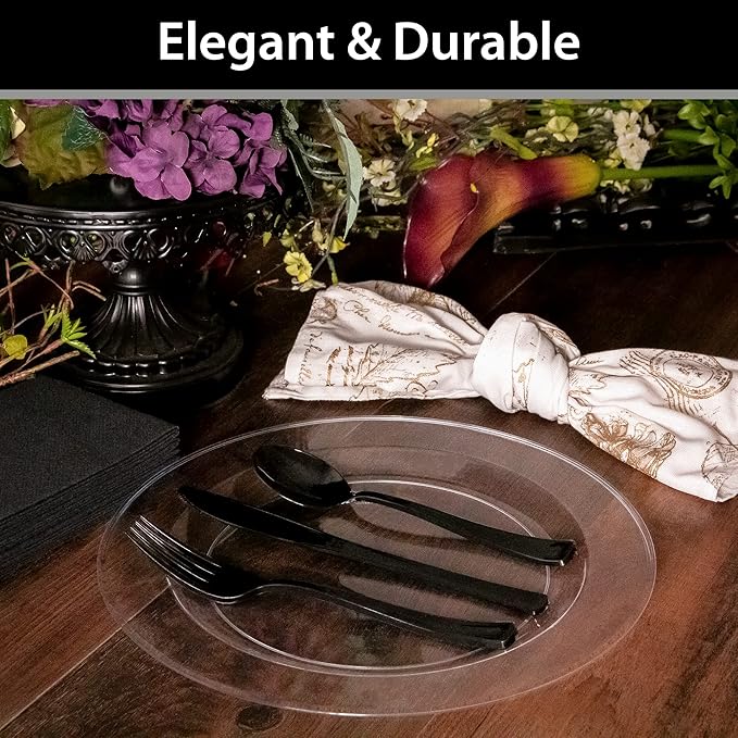 Lillian Tablesettings 240 Count Plastic Plates 10.25 inch Premium Quality Heavyweight China Like Disposable Plates, Wedding and Party Dinnerware, Crystal Clear - Value Pack 240 Count