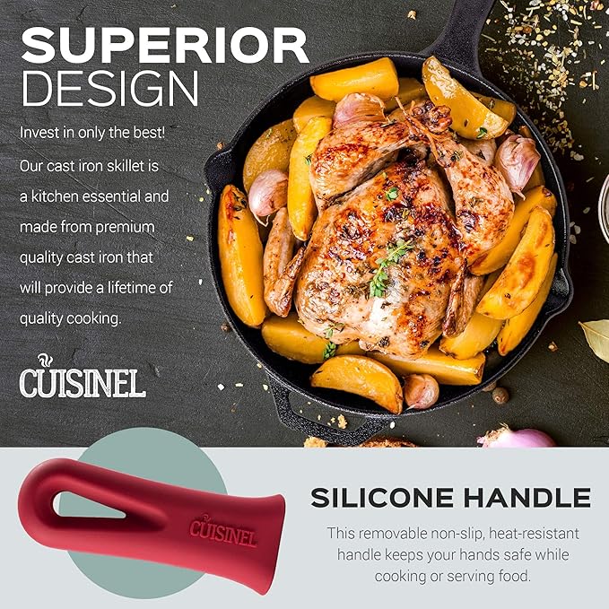 Cast Iron Skillet Set - 8" + 12"-Inch Frying Pan - Pre-Seasoned Oven Safe Cookware + 2 Heat-Resistant Handle Holder Grips - Indoor/Outdoor Use - Grill, Stovetop, BBQ, Camping Fire Pit, Induction Safe