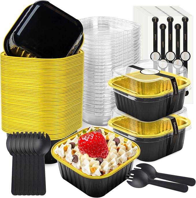 50 Pcs Mini Square Baking Cups with Lids and Spoons Aluminum Foil Mini Cake Pans with Lids Disposable Ramekins Cake Pans Dessert Cups for Wedding Birthday Party(Black Gold,5oz)