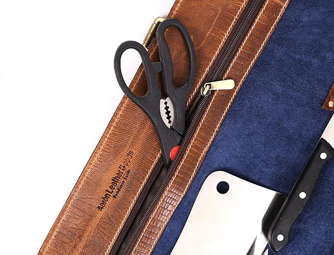 Leather Knife Roll Storage Bag, Elastic and Expandable 10 Pockets, Adjustable/Detachable Shoulder Strap, Travel-Friendly Chef Knife Case (Raven, Leather)