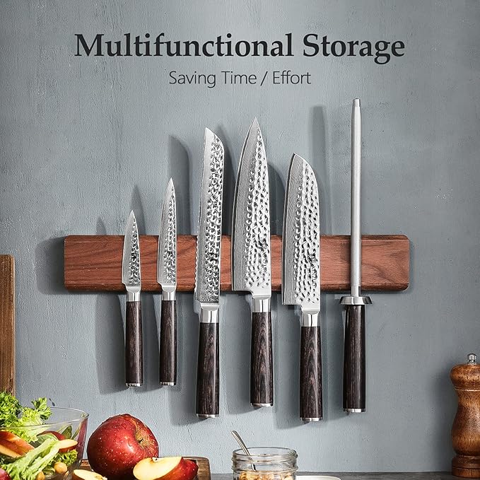 XINZUO Walnut Wood Knife Magnetic Strips 16 Inch, Double Row Round Magnets Magnetic Knife Holder for Wall -Magnetic Knife Bar- Works With Kinds of Kitchen Tools -Space Saver Knife Rack