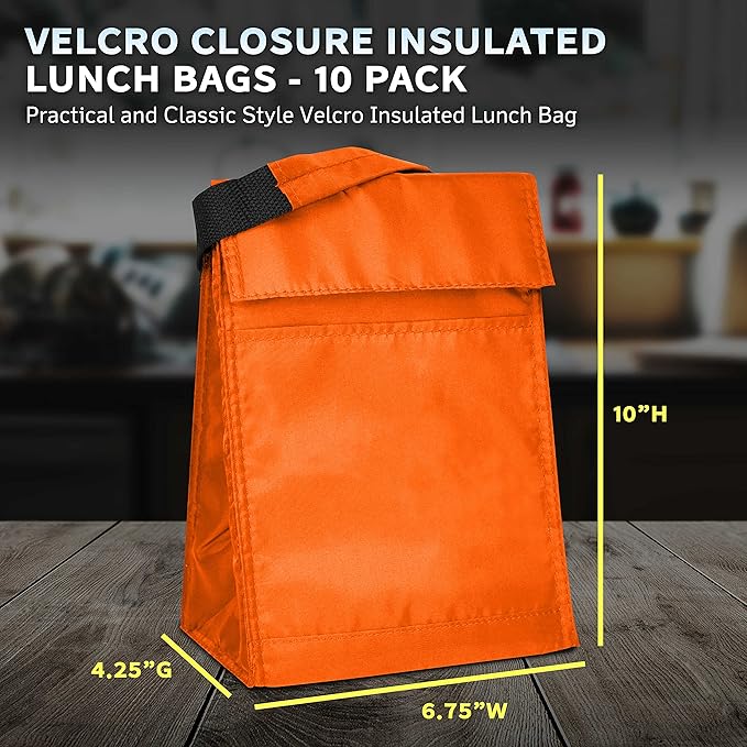 DISCOUNT PROMOS 10 Hook and Loop Insulated Lunch Bags Set - Polyester, Durable, Vibrant, Reusable - Orange