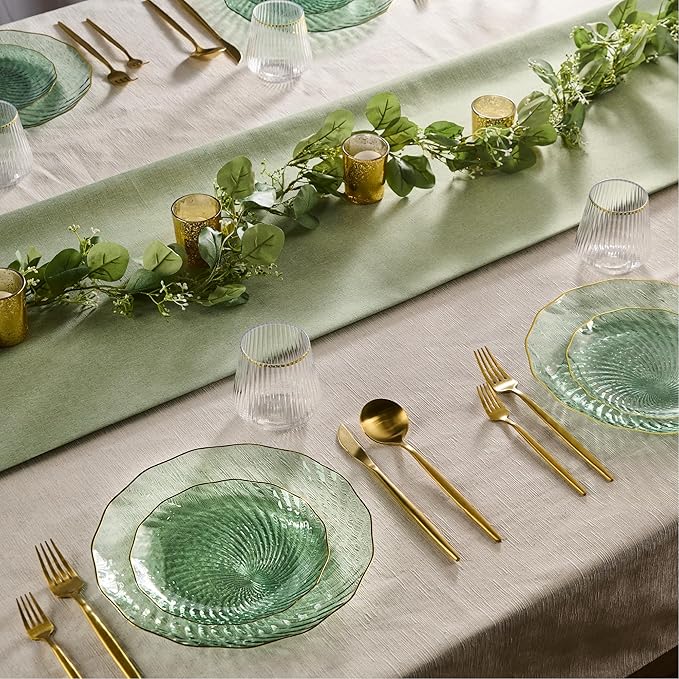PLASTICPRO 60 Pack Plastic Plates Set of 30-10 inch Plates and 30-7 inch Plate, Elegant Clear Green Spiral and Gold Rim Disposable Fancy Plate Premium Heavyweight