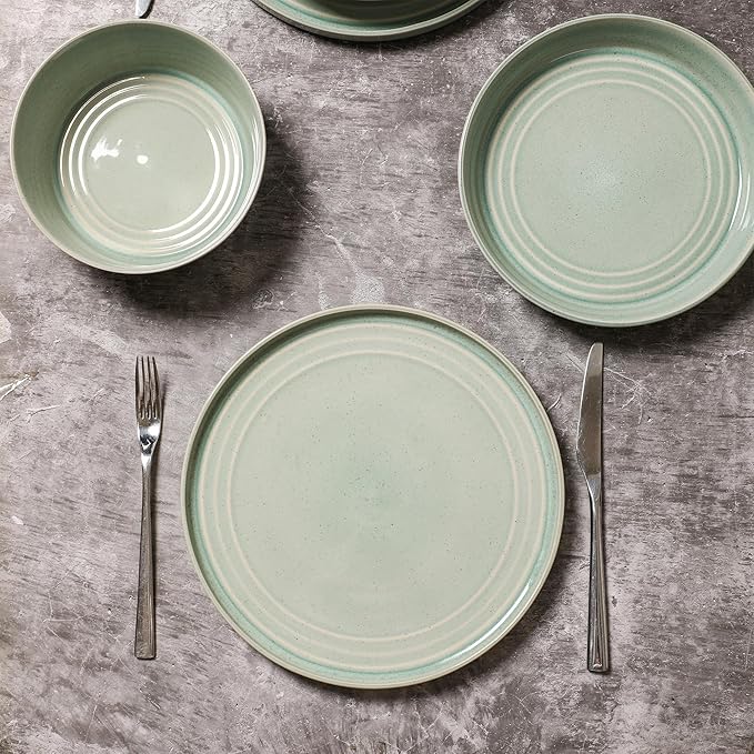Stone Lain Claire 12-Piece Dinnerware Set Stoneware, Plates and Bowls Set, Dishwasher and Microwave Safe, Dish Set for 4, Green