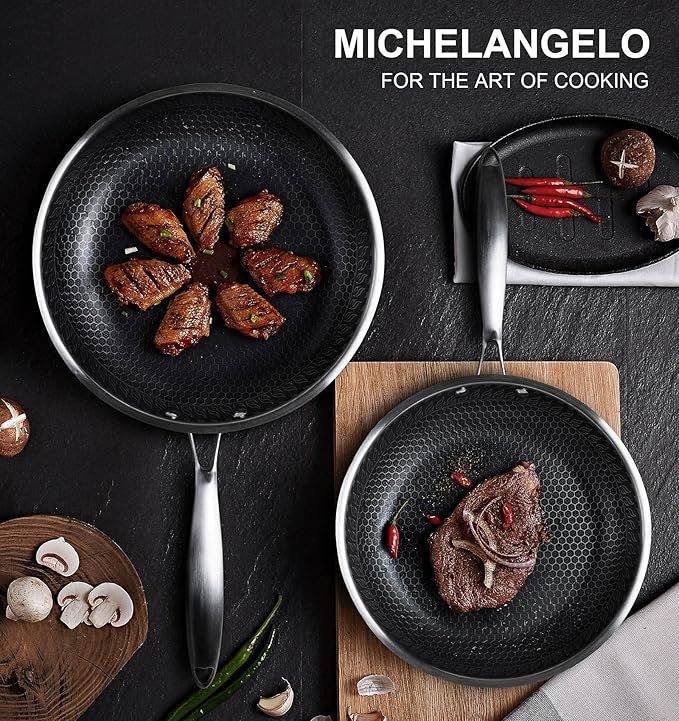 MICHELANGELO Stainless Steel Frying Pan Set with Lids, 9.5 & 11 Inch Frying Pans Nonstick, Stainless Steel Fry Pan Set, Honeycomb Pans for Cooking, Skillet with Lid - Induction Compatible