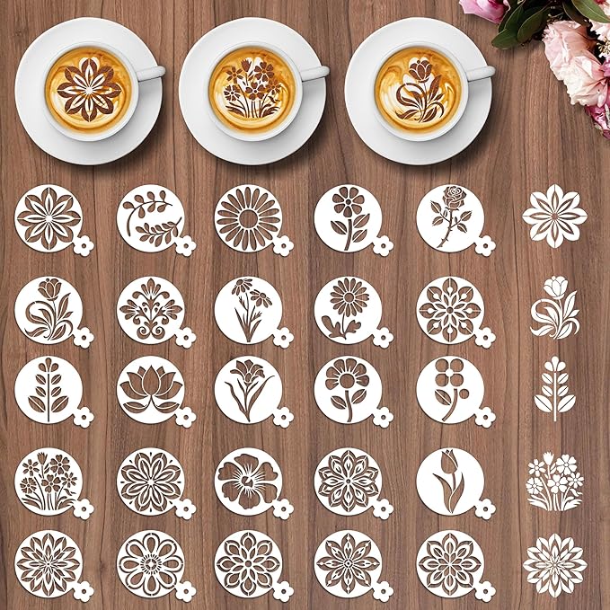 Mandala Coffee Stencils Reusable - 25 Pcs Flower Stencils for Cookies Sourdough Bread Decor, Rangoli Mandala Baking Templates