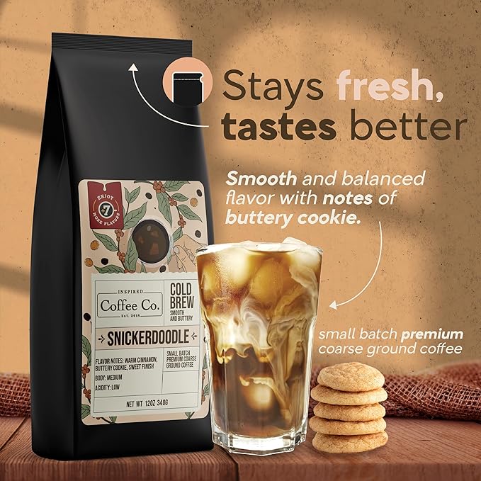 Snickerdoodle - Flavored Cold Brew Coffee Grounds for French Press - Inspired Coffee Co. Local Coarse Ground Coffee for Cold Brew - Resealable Bag 12 oz (Pack of 2)