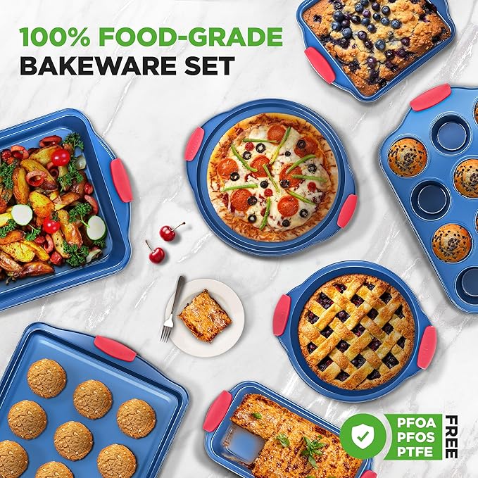 NutriChef 8-Piece Bakeware Set - Nonstick Carbon Steel Baking Pans with Red Silicone Handles, Blue Coating, Durable & Stain-Resistant, Perfect for Baking Cakes, Muffins, Cookies (Blue)