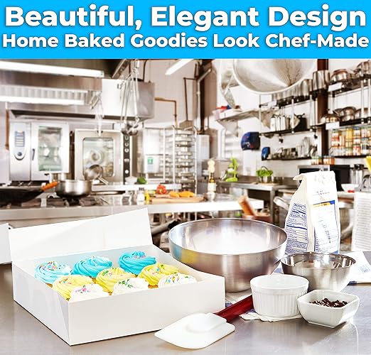 Gourmet 10in White Bakery Boxes 5 Pk. Cute Window Displays for Pies, Cakes, Cupcakes, Pastries. Transport Baked Goods with Sturdy, Easy-to Use Carriers. Give Sweet Holiday Gifts at Work or School