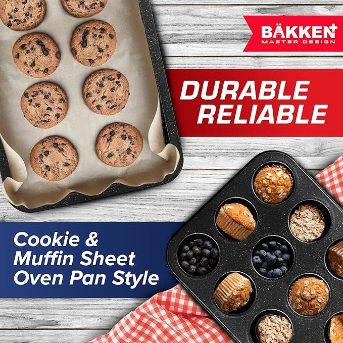 BAKKEN 10-Piece Kitchen Baking Pan Set - Commercial Grade Carbon Steel Bakeware, With Nonstick Coating, Stackable and Space-saving Design, PFOA, PFOS, PTFE Free, Oven Safe (Up To 450°F), Gray Marble