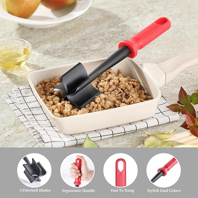 Meat Chopper, MONGSEW Heat Resistant Masher and Smasher for Meat and Hamburger, Ground Beef Smasher, Nylon Meat Spatula Chopper, Mix and Chop Kitchen Tool (Unique Double Colors)