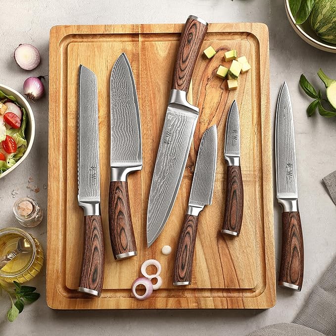 Wakoli EDIB 6-Piece Damascus Knife Block Set – Professional Japanese Style Kitchen Knives with Magnetic Acacia Block | Genuine Damascus Steel Blades with VG10 Core | Ergonomic Pakkawood Handles