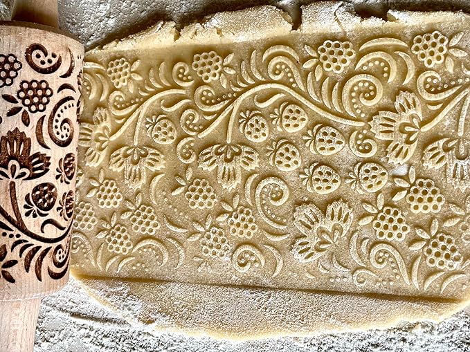 SEASONS 3 Mini Embossed Rolling Pin Set. Wooden Laser Cut Mini Rolling Pins for cookies or clay with spring flowers, tulips, daffodils, strawberries, raspberries, birch, trees by Algis Crafts