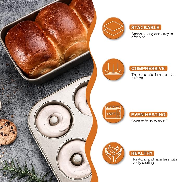 HONGBAKE Nonstick Donut Pans For Baking, 2-Pack 6 Cavity Upgraded Deepened Doughnut Tray, Heavy Duty Mini Bagel Mold for Oven - Bronze Gold