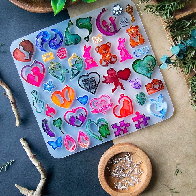 Keychain Resin Molds Silicone with Hole, 43pcs UV Resin Jewelry Mold, Epoxy Resin Molds for Keychain Pendant Jewelry Making Molds for Epoxy Resin Earring Mold, Earrings, Necklace