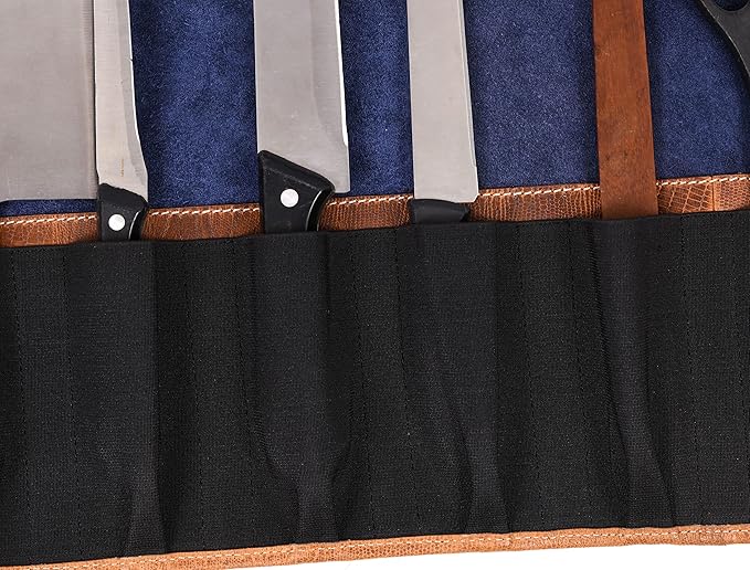 Leather Knife Roll Storage Bag, Elastic and Expandable 10 Pockets, Adjustable/Detachable Shoulder Strap, Travel-Friendly Chef Knife Case (Raven, Leather)