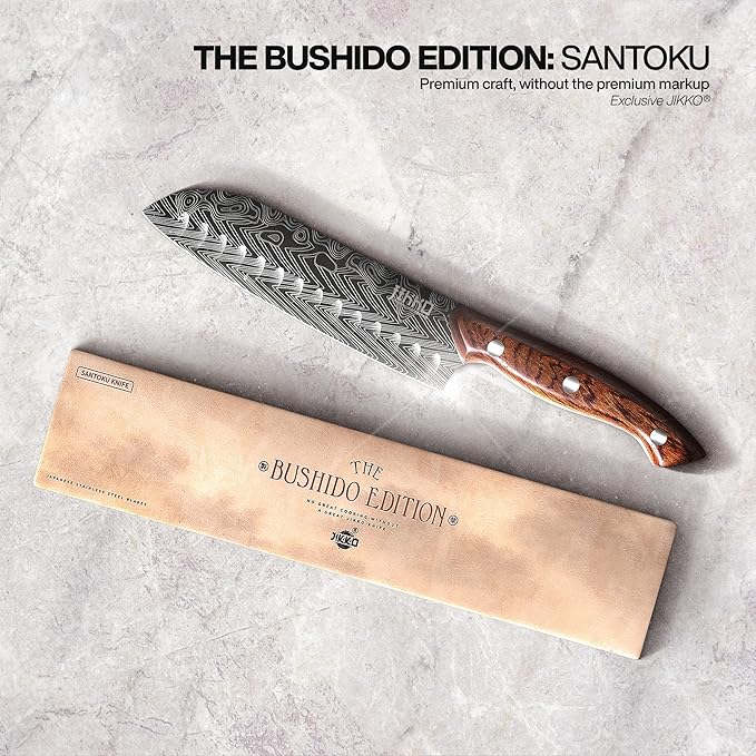 Jikko® Bushido Edition – Japanese Santoku Knife 7" | AUS-8 High-Carbon Stainless Steel with Hollow Edge & Rosewood Handle – Razor Sharp 15° Blade, 3× Edge Retention, Premium Chef’s Knife