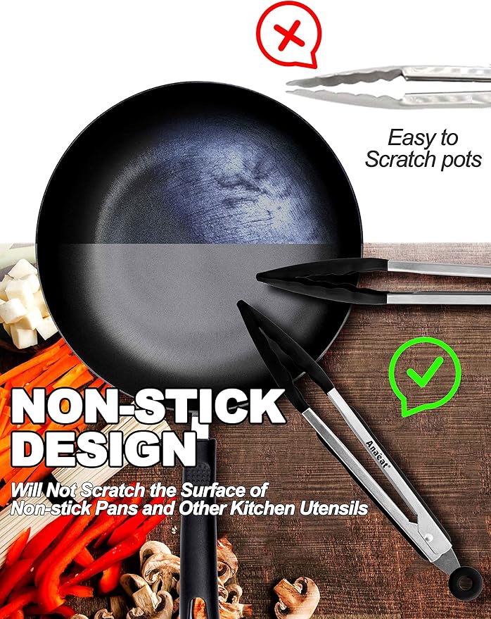 Anaeat Non-Stick Silicone Locking Tong - Stainless Steel 7" Mini Kitchen Food Tongs with Non-Slip Silicone Tips and Grip for Cooking, Baking and BBQ - Heat Resistant up to 480°F (Black)