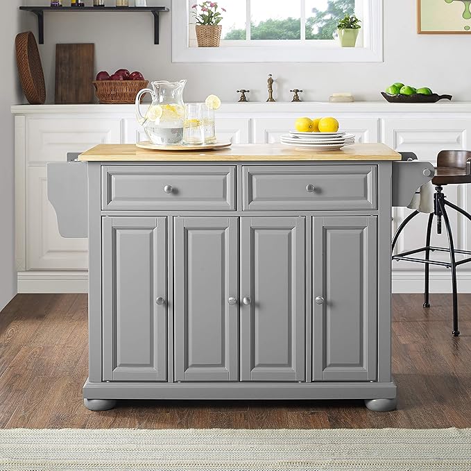 Crosley Furniture Alexandria Wood Top Rolling Kitchen Island Storage Cart, Microwave Stand, Spice Rack, Gray