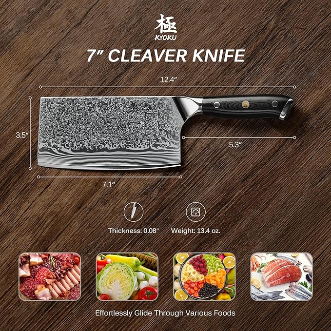 KYOKU Vegetable Cleaver Knife - 7" - Shogun Series - Japanese VG10 Steel Core Forged Damascus Blade - with Sheath & Case