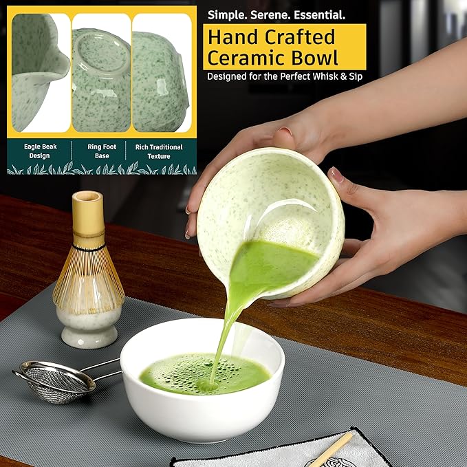 6 Pcs Matcha Whisk Set | Matcha kit with Mottled Green Bowl, Bamboo Whisk, Scoop, Sifter, Holder for whisk & Cleaning Cloth, Traditional Matcha Set in Magnetic Gift Box