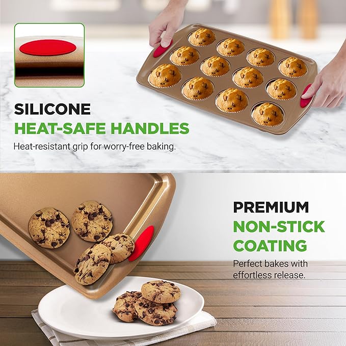 NutriChef 15-Piece Nonstick Bakeware Set w/ Baking Utensils – Premium Oven Safe Baking Pans with Silicone Handles, Easy Clean, Dishwasher Safe Tray Set for Cakes, Muffins, Bread, Cookies & Roasting