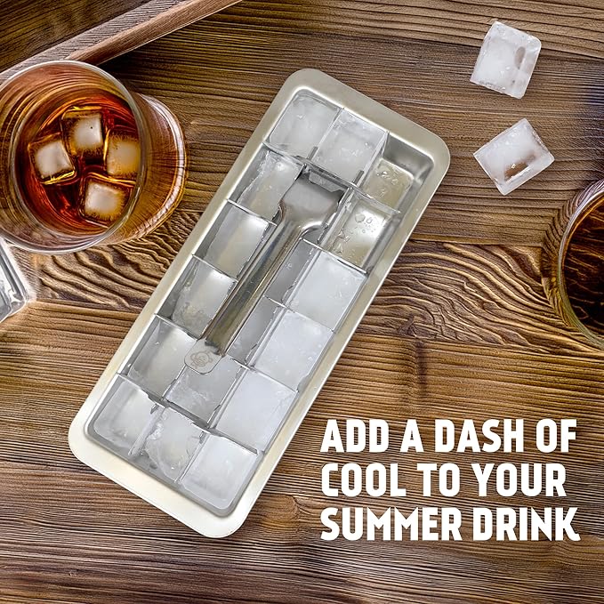 Stainless Steel Ice Cube Tray with lever (11", 18 cubes), Classic Metal Ice Cube Trays for Freezer, Vintage & Retro, Non Toxic, Plastic Free, Dishwasher safe