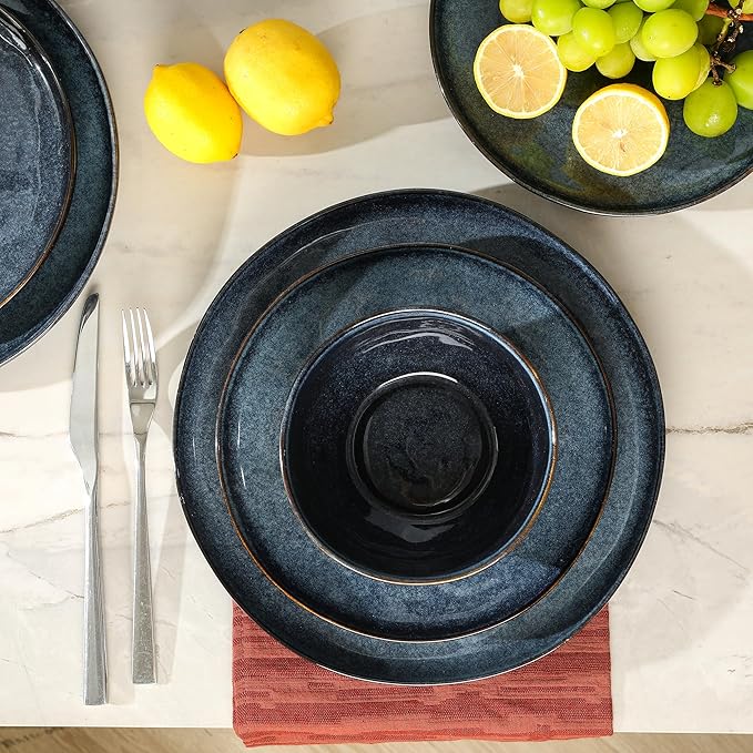 Stone Lain Mirella 24-Piece Stoneware Dinnerware Set, Service for 8 – Reactive Glaze, Deep Blue – Includes Dinner Plates, Salad Plates, and Bowls – Modern Organic Design