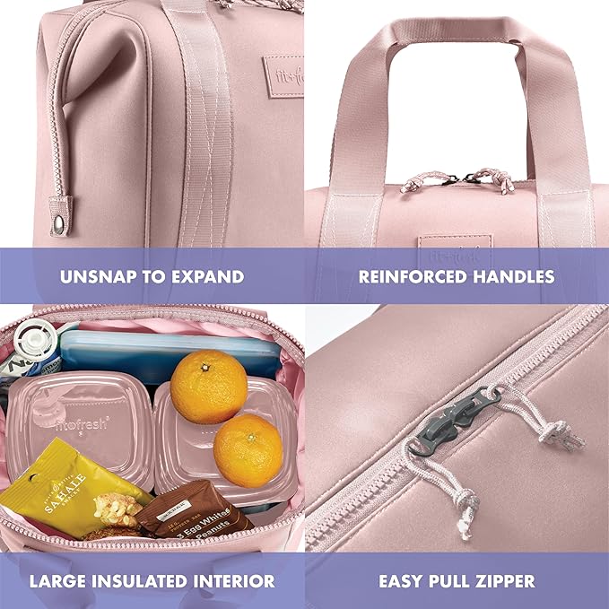 Fit & Fresh Remi Neoprene Lunch Bag For Women - Meal Prep Kit with Containers & XL Ice Pack, Self Insulating Neoprene-like Material, Machine Washable Lunch Bag, Tear-Resistant, Stain-Resistant, Mauve