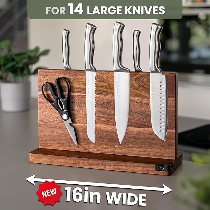 WALDWERK Extra Large Magnetic Knife Holder (16”) - Acacia Wood Knife Block Without Knives - Knife Holder - Magnetic Knife Block - Knife Storage - Knife Magnet Organizer for Countertop