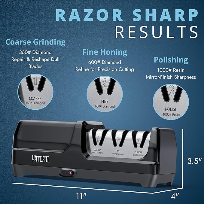 Yatoshi Electric Sharpener, 50-Watt, Diamond Abrasives and Precision Angle Guides, 20-Degree Straight-Edge and Serrated Knives, 3 Stage