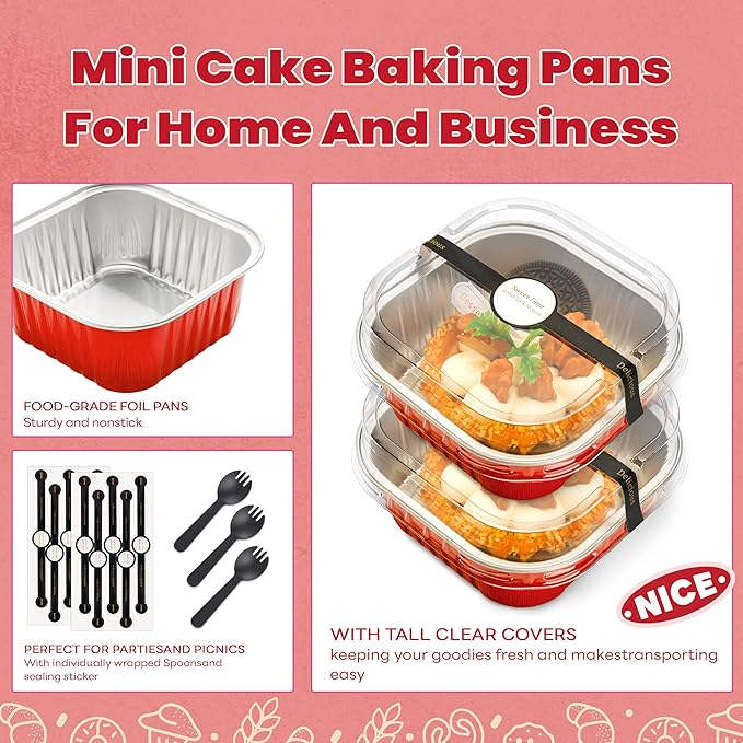 50 Pcs Mini Square Baking Cups with Lids and Spoons Aluminum Foil Mini Cake Pans with Lids Disposable Ramekins Cake Pans Dessert Cups for Wedding Birthday Party(Red,5oz)