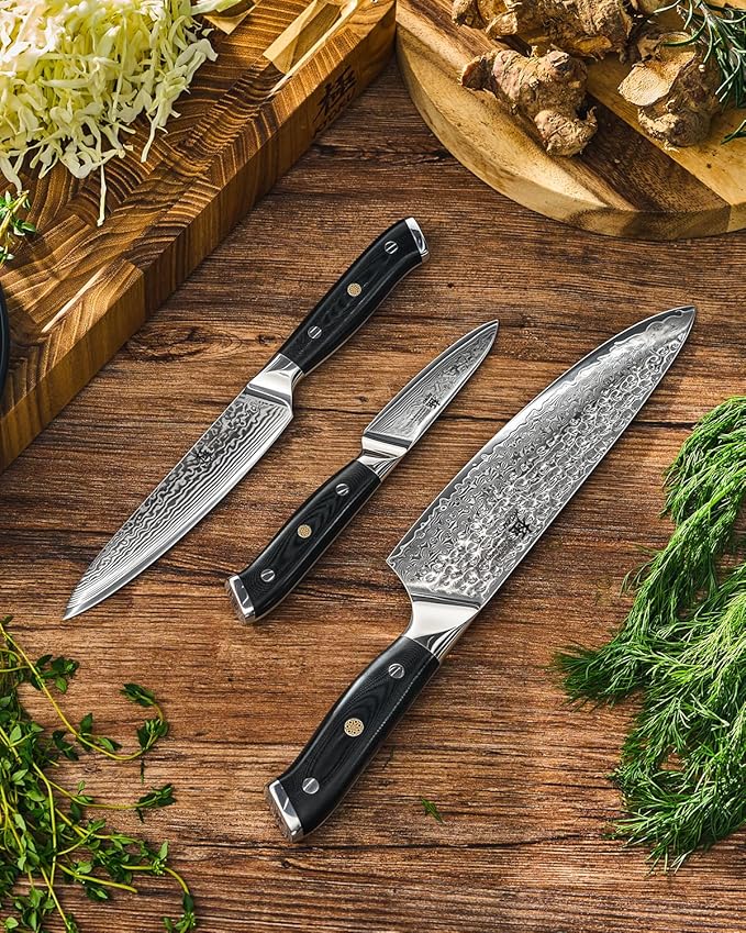 KYOKU Knife Set, 3pc Japanese Kitchen Knife Set for Cooking, 8" Chef 3.6" Paring 6" Utility Knife with Sheath Gift Box, Professional Sharp Damascus Stainless Steel Knives for Meat Vegetable Fruit