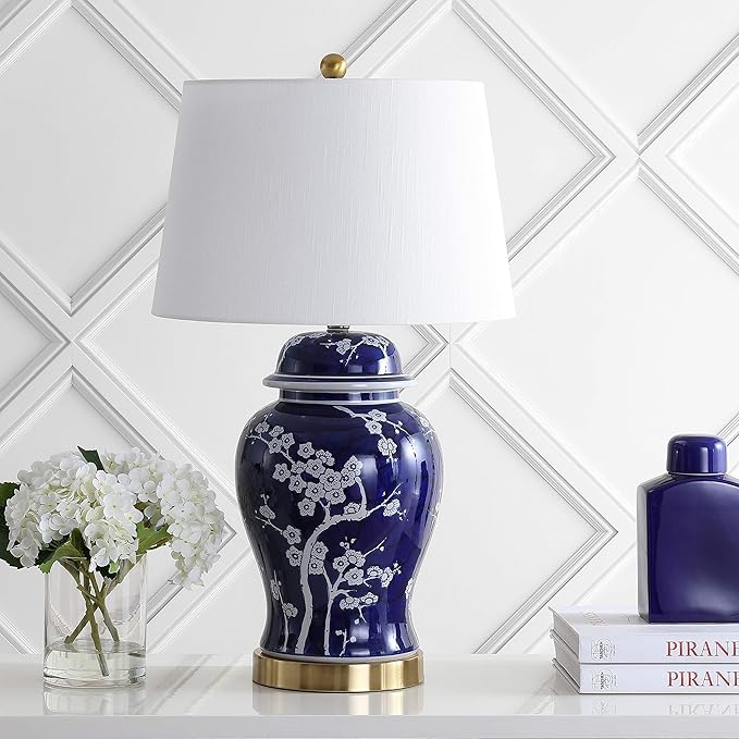 JONATHAN Y JYL3047A Gracie 29.5" Ginger Jar Ceramic/Metal LED Table Lamp Traditional Bedside Desk Nightstand for Bedroom Living Room Office College Bookcase LED Bulb Included, White/Navy