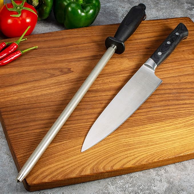 Premium Diamond Finished Black Carbon Steel Knife Sharpening Rod, 12 Inch