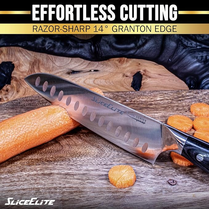 SliceElite Slice Series 7 Inch Santoku Knife High Carbon German Steel Blade Full Tang Pakkawood Handle Polymer Blade Guard Sharp Kitchen Knife for Meat Cutting Chopping BBQ Cooking Chef Vegetable